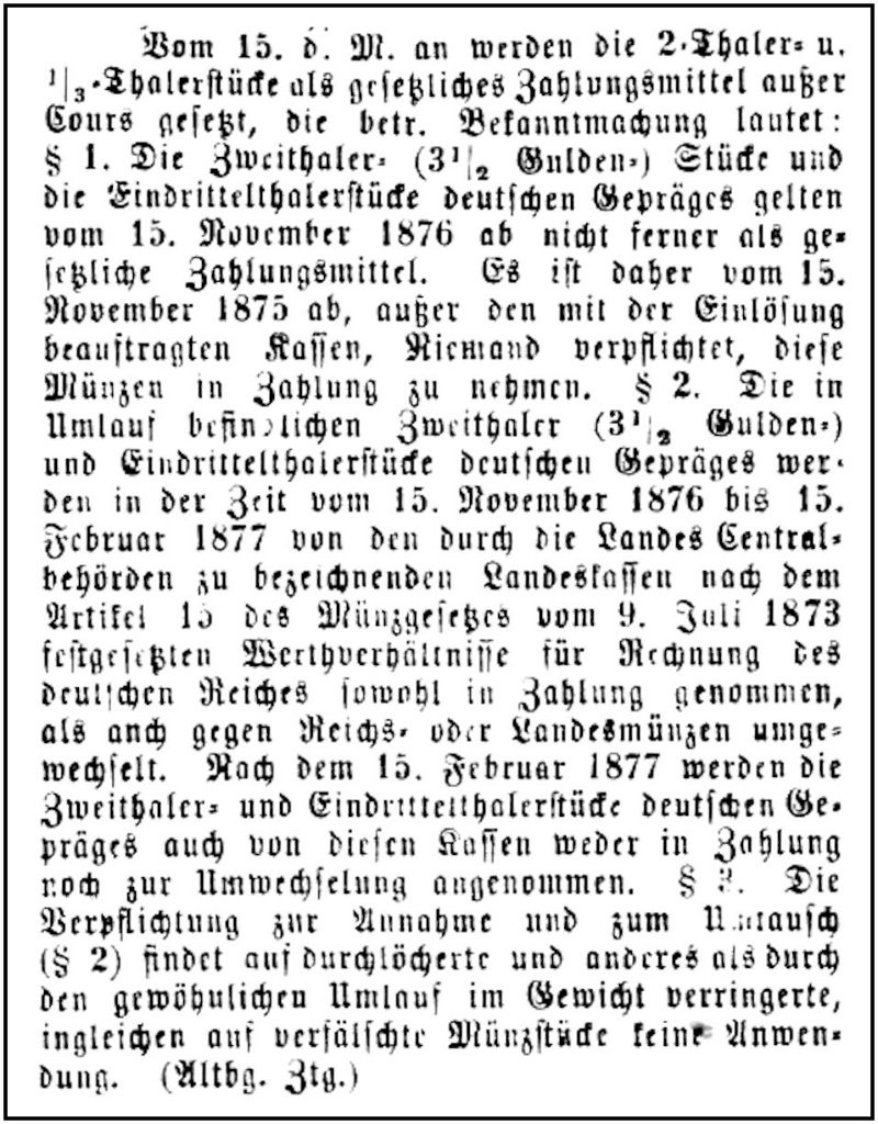 1876-11-15 Kl Taler ausser Kraft